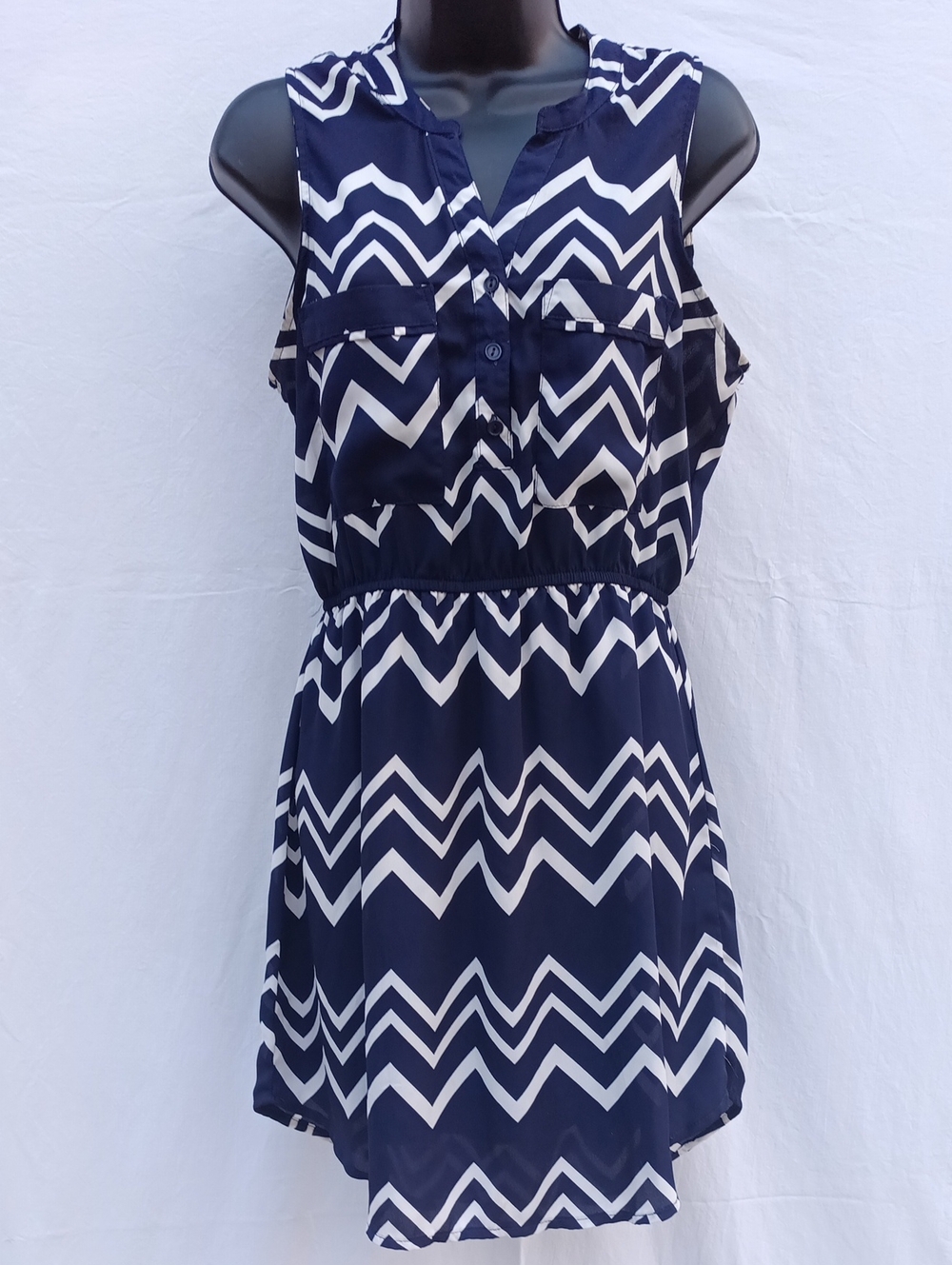Sleeveless Navy Chevron Dress - Casual Day Dress